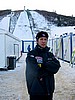 Noriaki Kasai (Japonia) na tle mamuta w Harrachovie