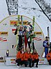 podium - Roar Ljoekelsoey (Norwegia), Janne Ahonen (Finlandia) i Jakub Janda (Czechy) i hostessy